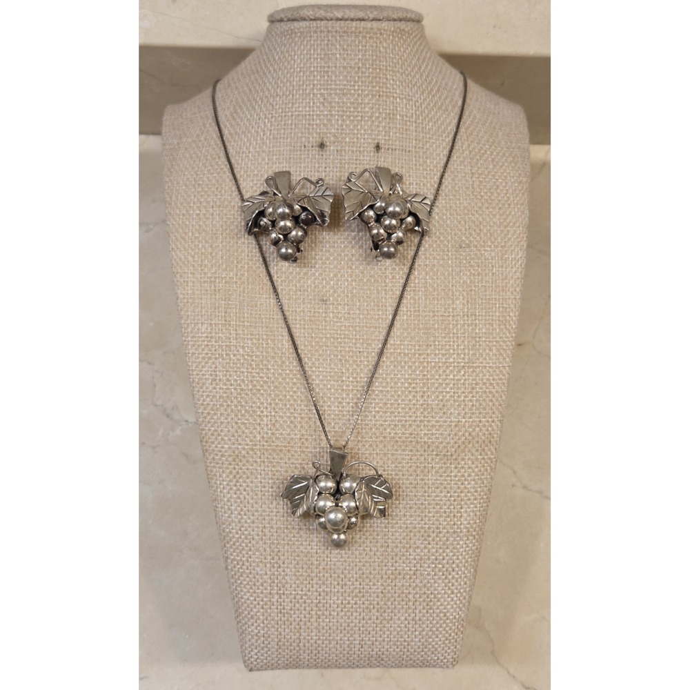 Vintage Sterling Silver Taxco Grapevine Clip-On Earrings & Necklace Signed 38 Gr